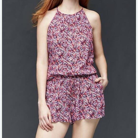 Gap Halter Romper Tropical Leaf Print Pink Purple Drawstring Pockets Size M - Picture 1 of 10